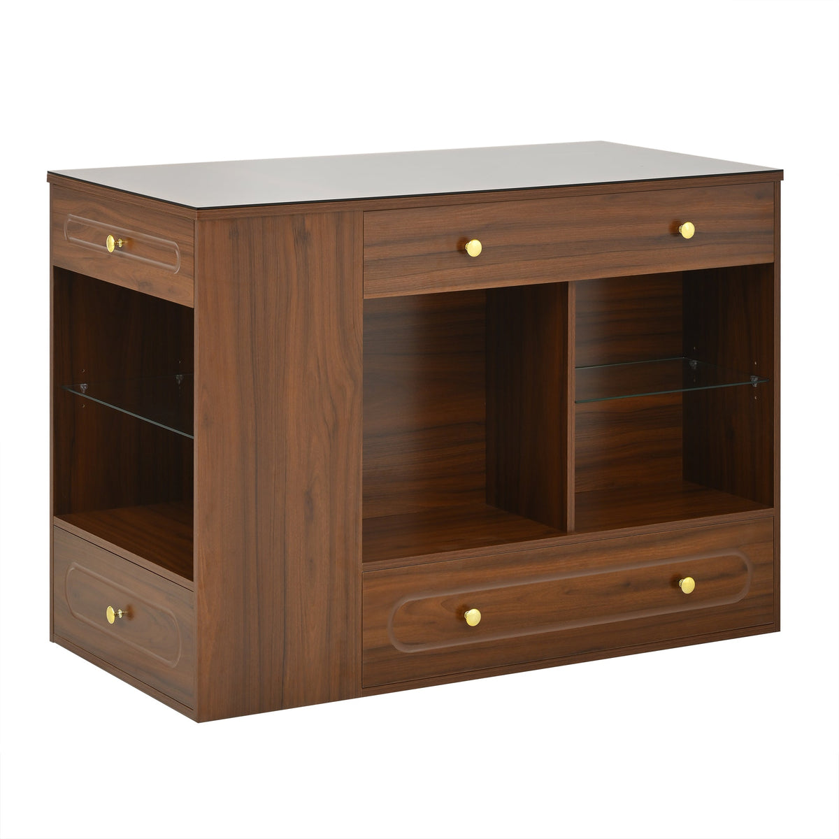 Roomfitters Closet Island with 6 Drawers, Glass Display Top and Open Shelves, Wardrobe Storage and Jewelry Vanity, Walnut