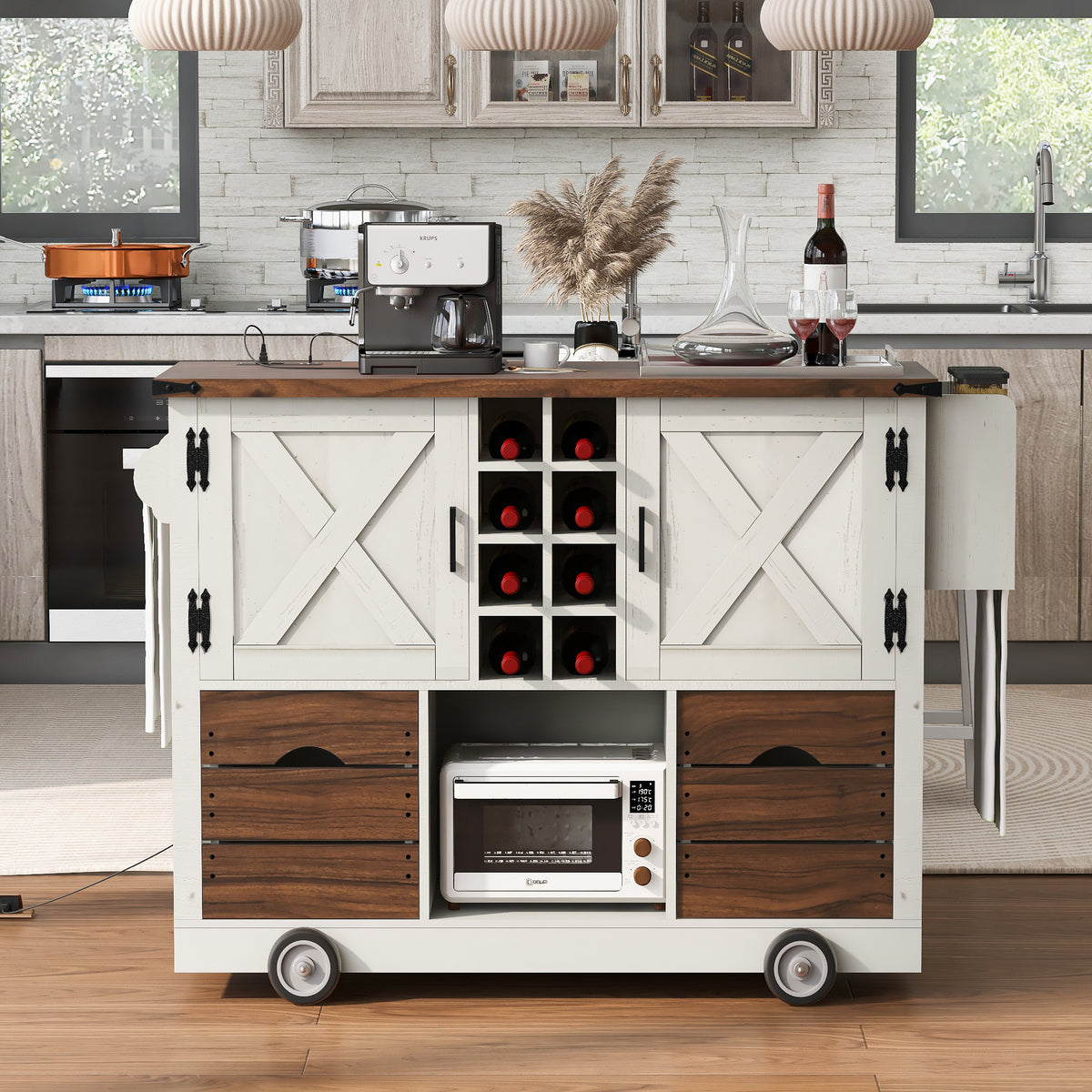 variant-group:rf-n707p349814w|Roomfitters 54" Farmhouse Kitchen Island with Drop Leaf, Power Outlet, Wine Rack, 2 Drawers, 2 Doors, White