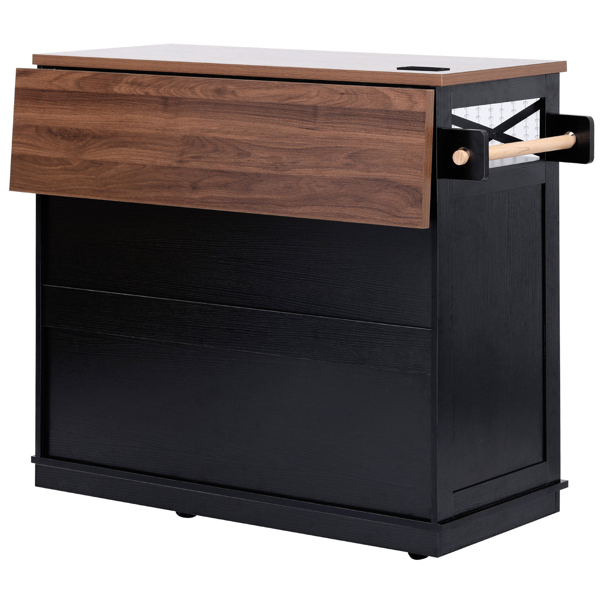 variant-group:rf-n707p254872b|Roomfitters 46.5" Rolling Kitchen Island with Drop Leaf, Mobile Cart with 2 AC Outlets & USB, Beaded Drape & 3 Drawers, Black
