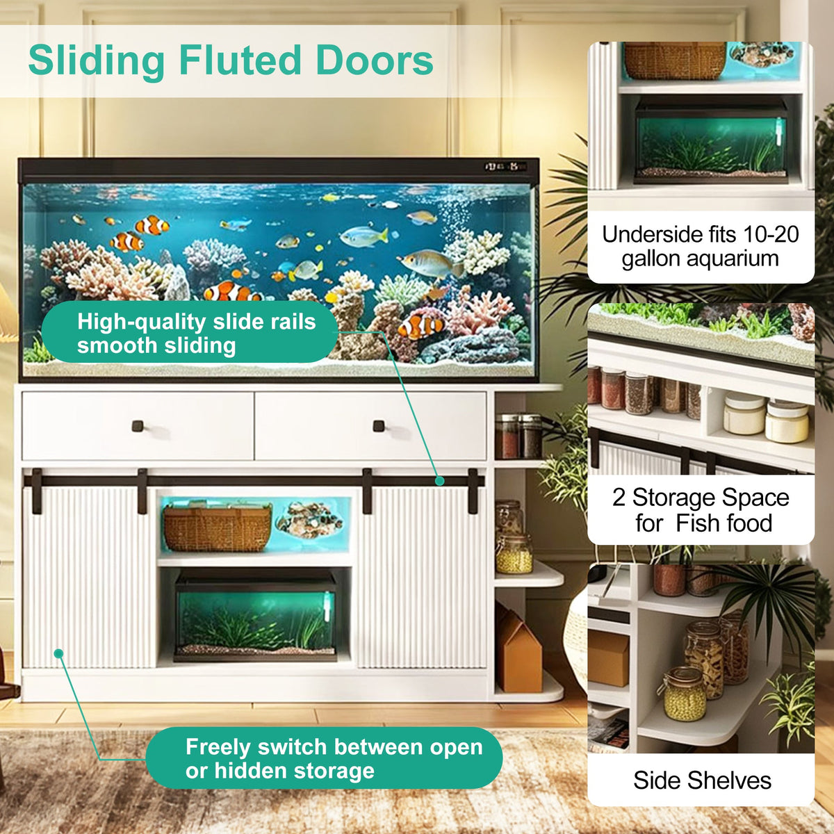 Roomfitters 75 Gallon Fish Tank Stand with Smart App RGB LED Lights Sliding Fluted Doors and Power Outlets White Roomfitters