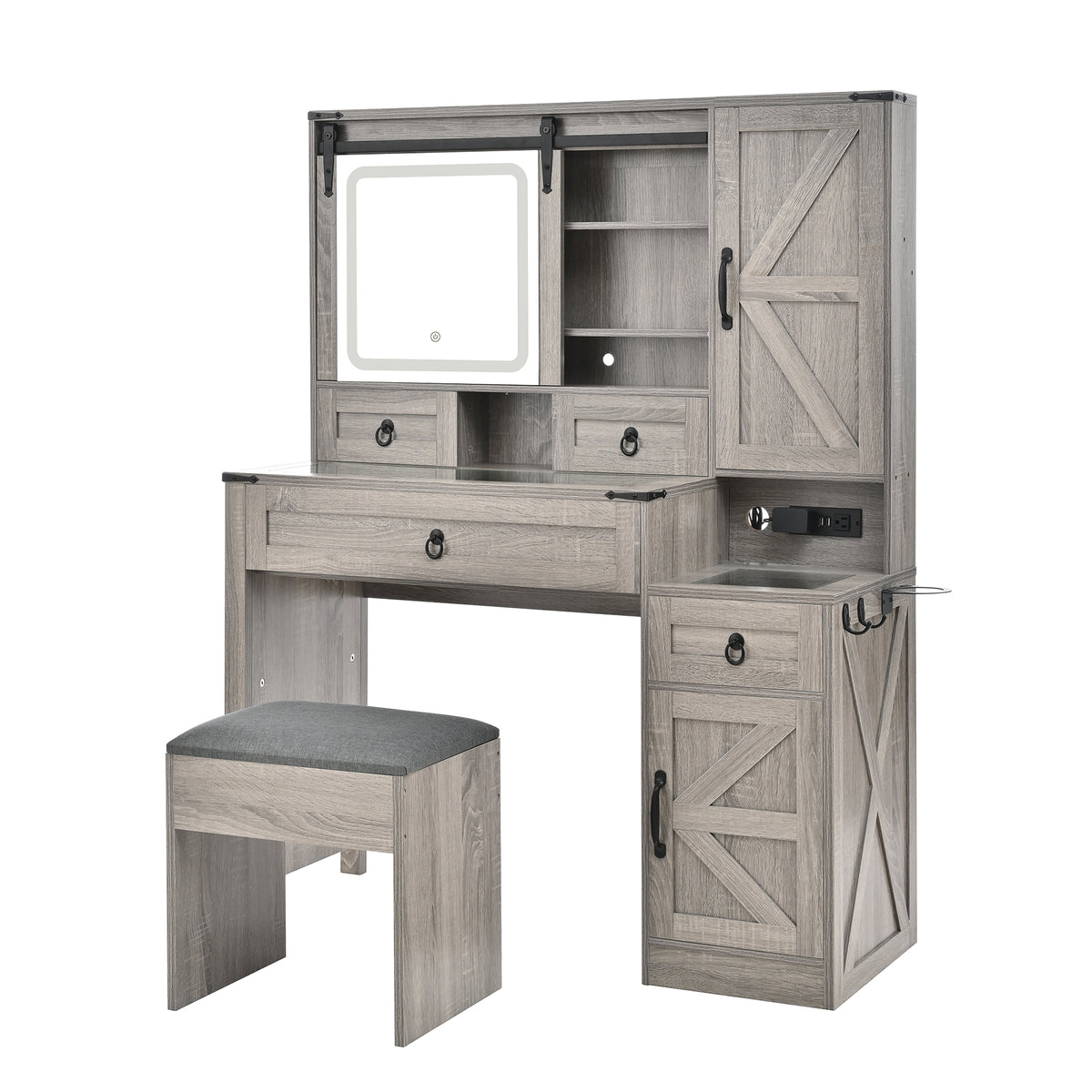 variant-group:rf-n733p340562g|Roomfitters Farmhouse Vanity Desk with Sliding Mirror & Lights, Glass Top, Charging Station, 4 Drawers, 2 Cabinets, Stool, Gray