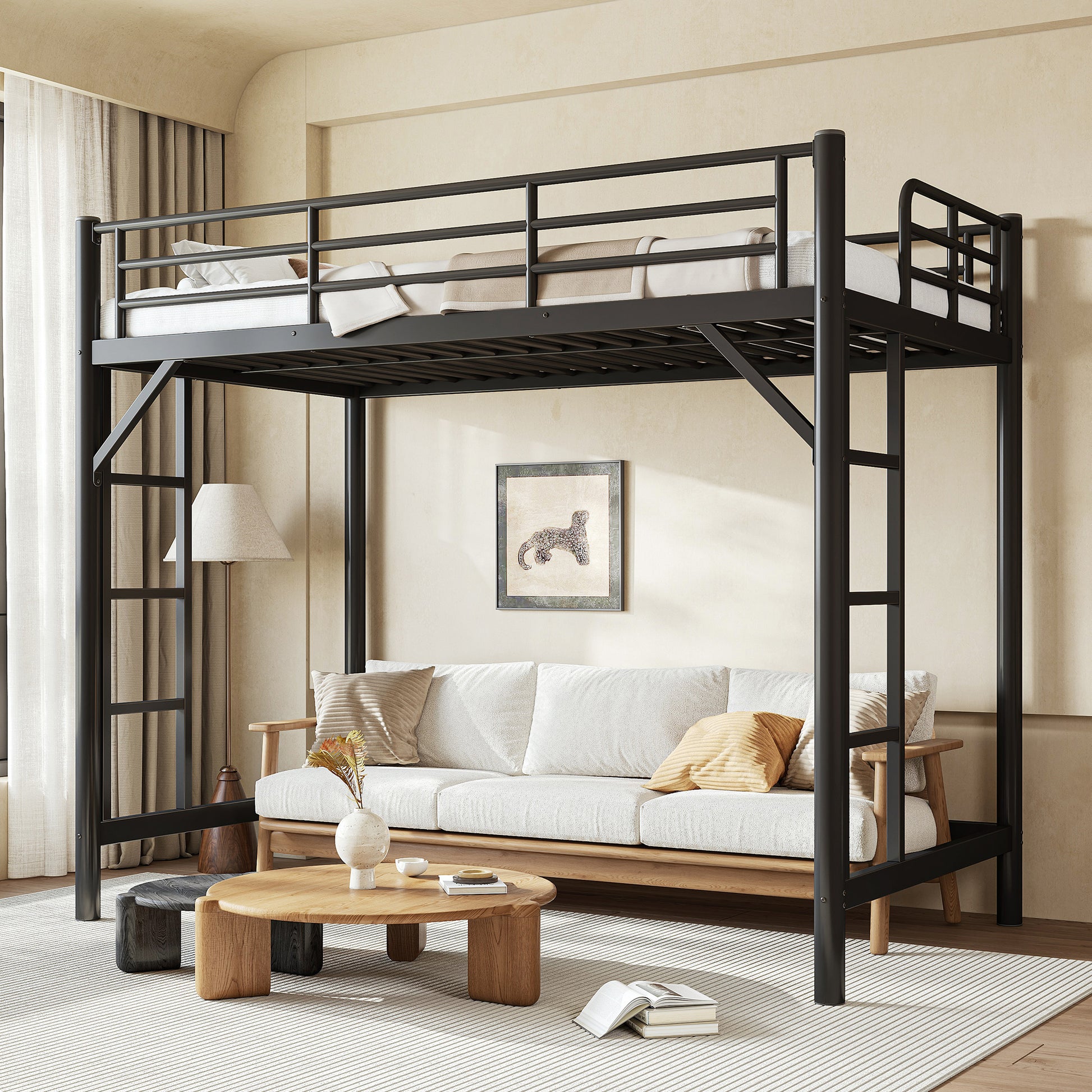 variant-group:rf-w1580p455013|Roomfitters Twin XL Size Metal Loft Bed Frame with Guardrails, Heavy Duty Space Saving High Loft Bed Dual Ladders, Black