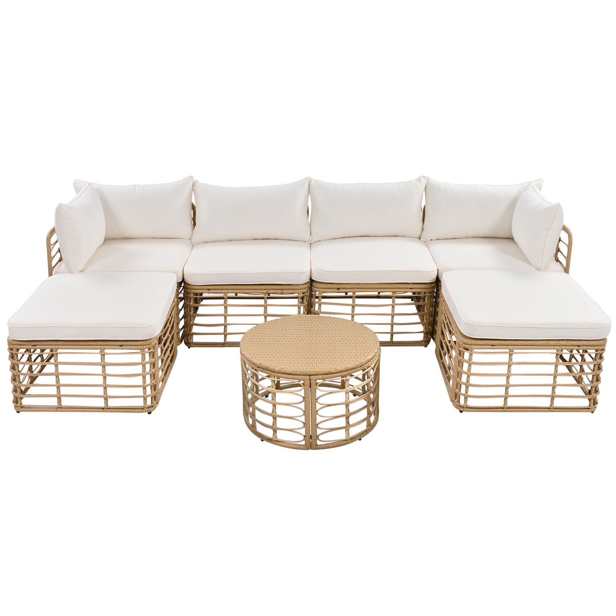 Roomfitters 7 Pieces Outdoor Patio Furniture, All-Weather Rattan Sectional Sofa Set with Thick Cushions and Pillows, Freely Combined Conversation Sets for Garden, Backyard, Balcony, Beige Roomfitters