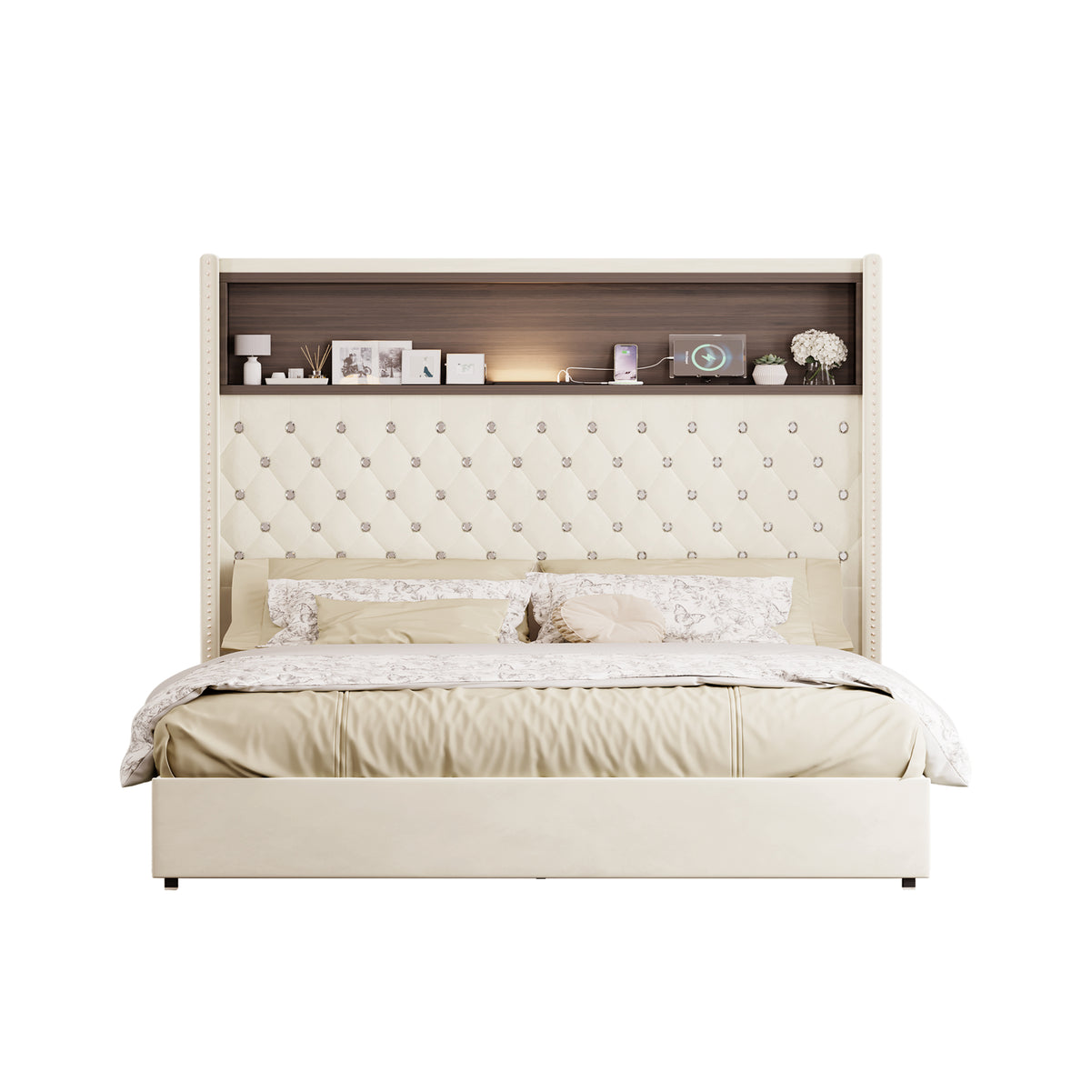 variant-group:rf-n733p367135a|Roomfitters Queen Velvet Tufted Platform Bed with Charging Ports, Tall Wingback Headboard with Rivet Trim and Shelf, Beige
