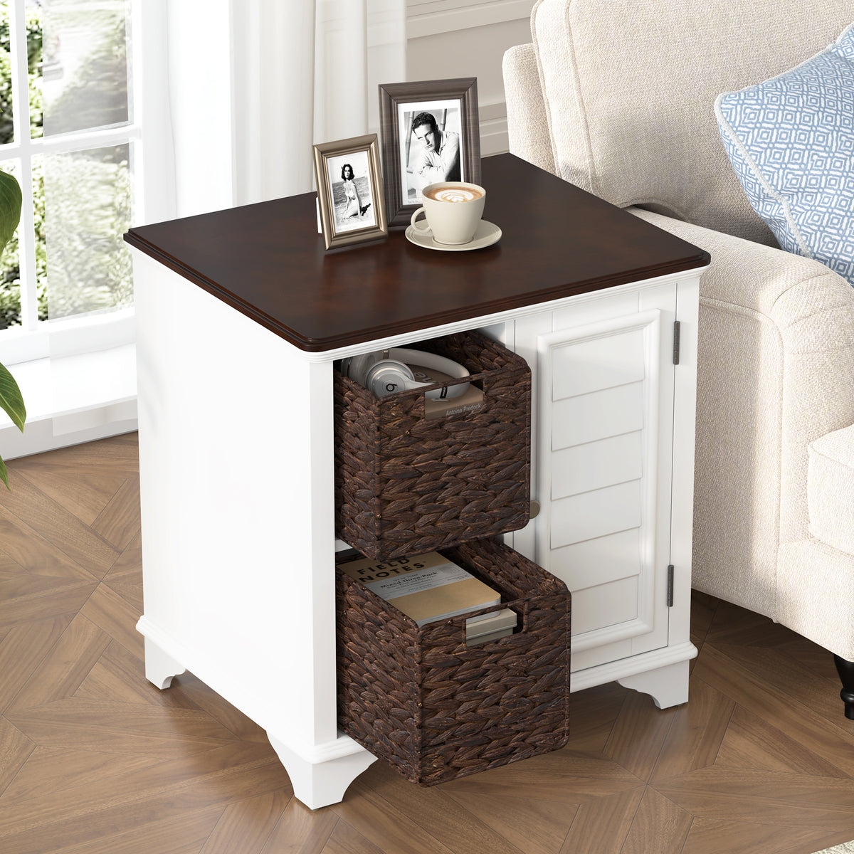 variant-group:rf-n724p401353k|Roomfitters American Style Louvered Side End Table with 2 Grass Storage Baskets, White