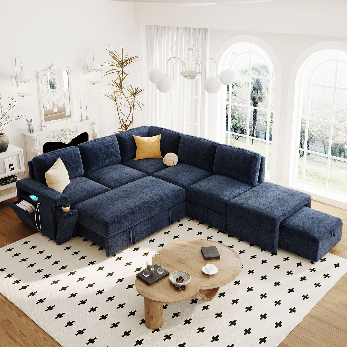variant-group:rf-n711wy000390aac|Roomfitters L-Shaped Padded Modular Sofa with Storage Space, USB Ports, and Cup Holders on the Armrests, Suitable for Living Rooms, Offices, and Apartments, Blue
