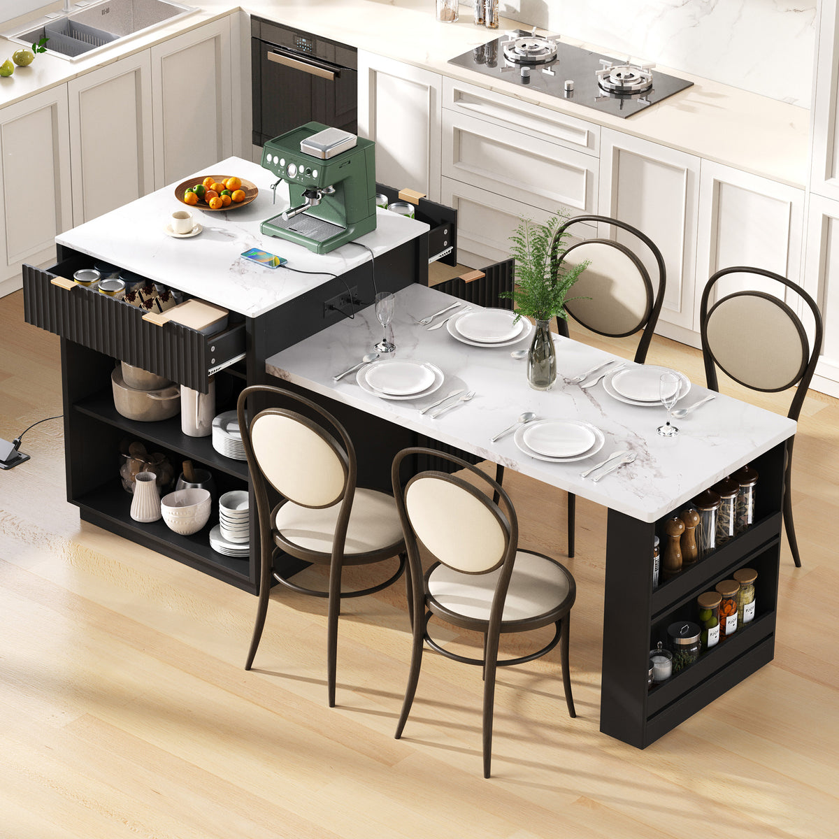variant-group:rf-n707s000018b|Roomfitters 82.6" Fluted Kitchen Island with 51" Extendable Dining Table for 4-6, Power Outlet, Black