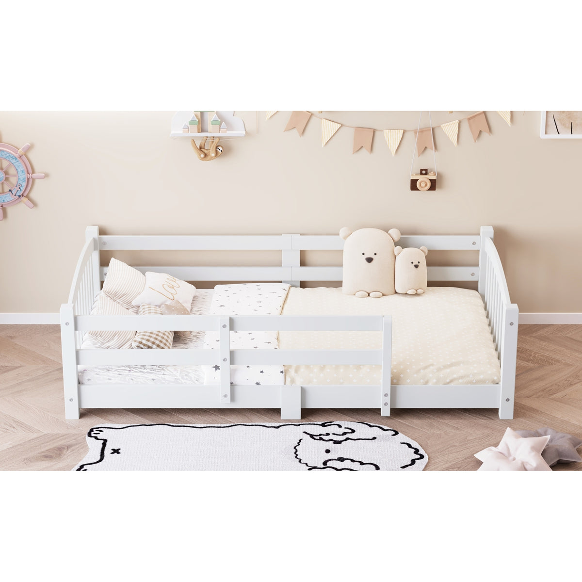 variant-group:rf-n733p400298k|Roomfitters Twin Montessori Floor Bed with Guardrails, Solid Wood Low Platform Bed with Slats, Easy Assembly, White
