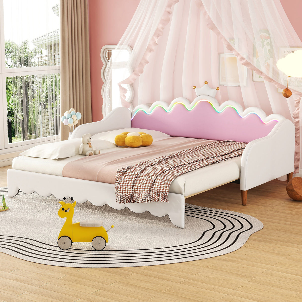 variant-group:rf-n733hl000104aak|Roomfitters Twin Extending Daybed with Lights, Modern Upholstered Princess Daybed with Crown Headboard, Sophisticated and Functional Design, White