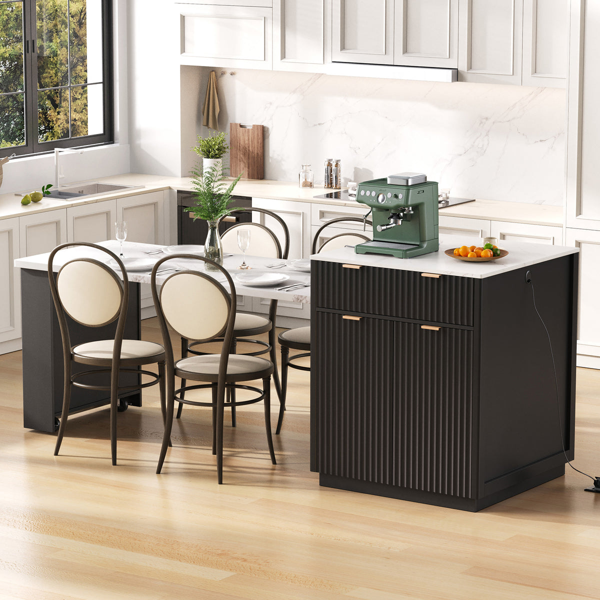 variant-group:rf-n707s000018b|Roomfitters 82.6" Fluted Kitchen Island with 51" Extendable Dining Table for 4-6, Power Outlet, Black