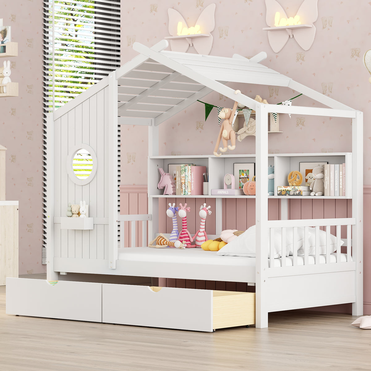 variant-group:rf-n733s308483k|Roomfitters Wooden Twin Size House Bed with 2 Drawers and Storage Shelf, White