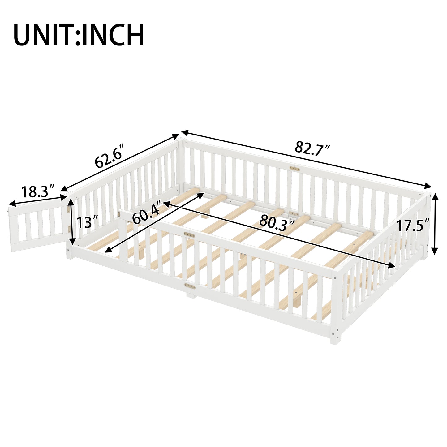 variant-group:rf-w1580p338953|Roomfitters Wooden Queen Floor Bed Frame with Door & Safety Guardrails, Low Platform Design for Bedroom or Playroom, White