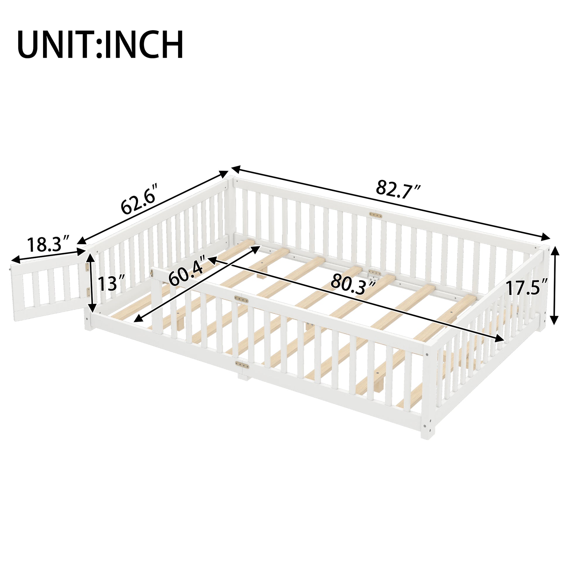 variant-group:rf-w1580p338953|Roomfitters Wooden Queen Floor Bed Frame with Door & Safety Guardrails, Low Platform Design for Bedroom or Playroom, White