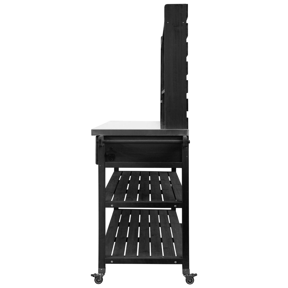 Roomfitters 64.9" Outdoor Potting Bench & Kitchen Island with Stainless Steel Top, Propane Rack & Lockable Wheels, Black