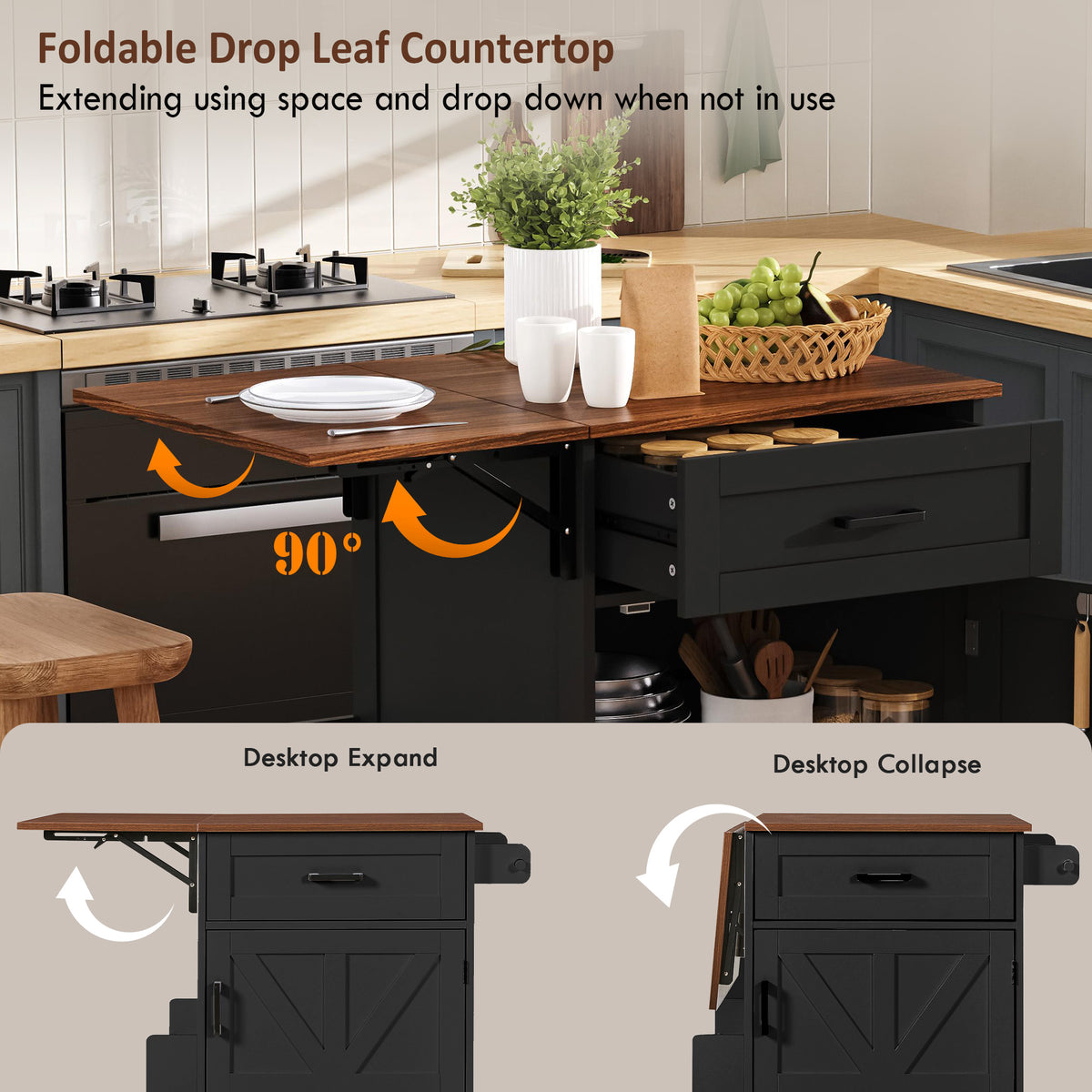 variant-group:rf-n707p404539b|Roomfitters 39.3" Kitchen Island with Drop Leaf, Rolling Kitchen Cart with Storage Drawer and Spice Rack, Modern Style, Black