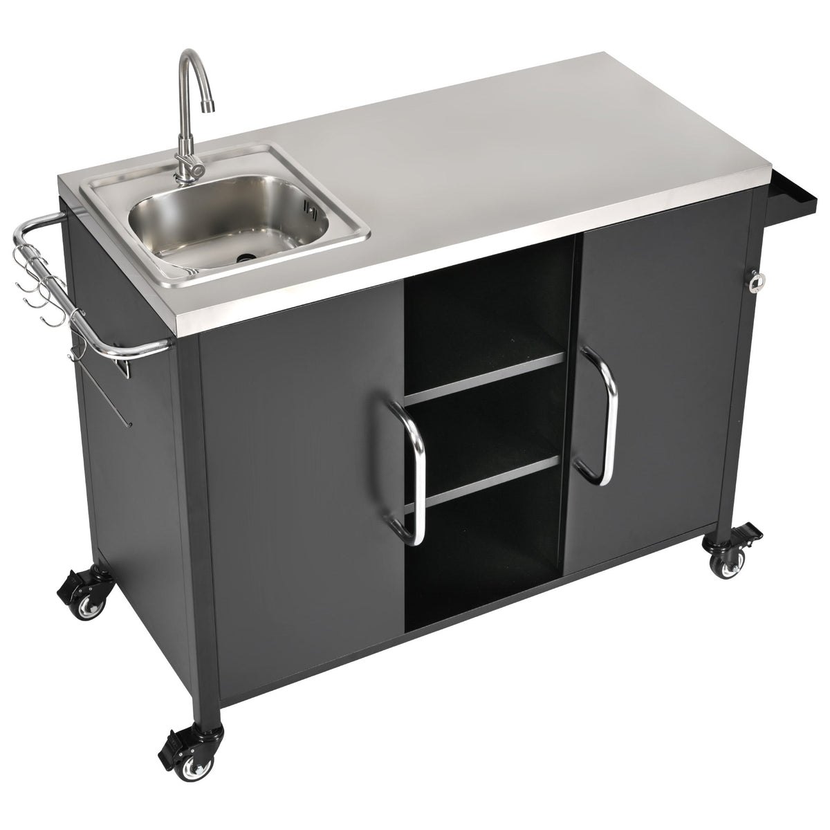 Roomfitters 55.5" Outdoor Kitchen Island with Stainless Steel Sink, Rolling Grill Prep Cart & Storage Cabinet, Black