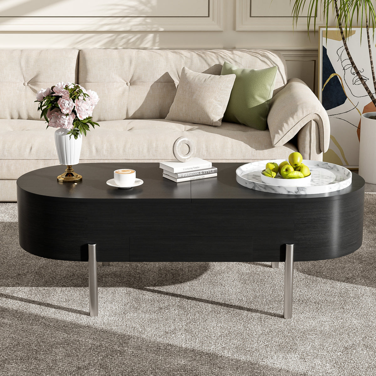 variant-group:rf-n724p228920b|Roomfitters Lift Top Oval Coffee Table with Rotating Marble Tray and Hidden Compartment, Black