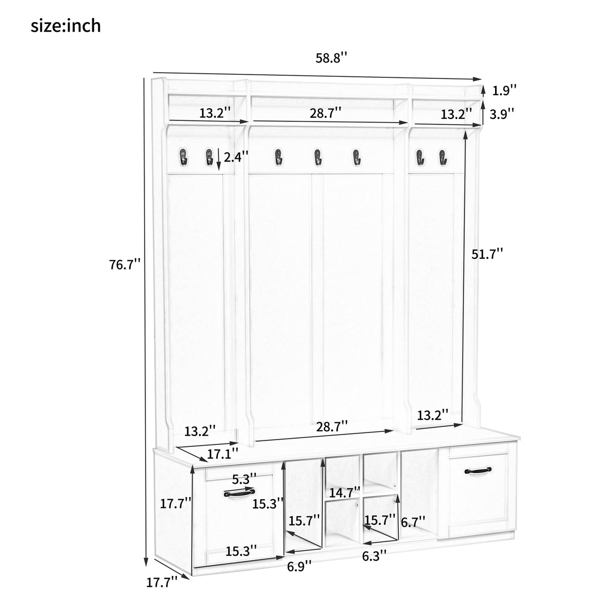 variant-group:rf-n724p235232k|Roomfitters 5-in-1 Entryway Bench with Coat Rack, Hooks, Drawers and Adjustable Shelves, Hall Tree for Hallway or Living Room, White