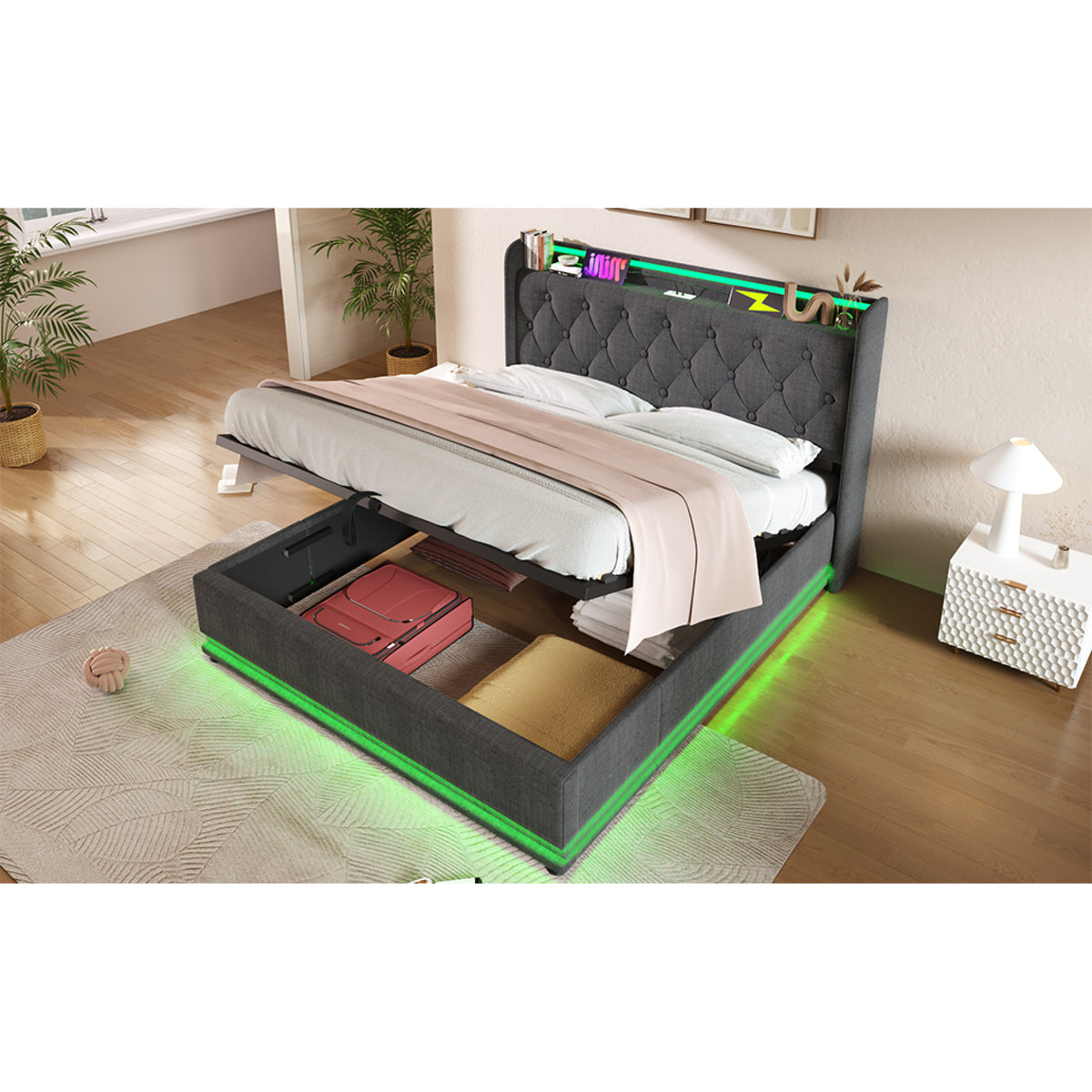 variant-group:rf-n736p188807g|Roomfitters Queen Size Upholstered Storage Bed with USB Type-C Charging and Remote Control, Linen Gray