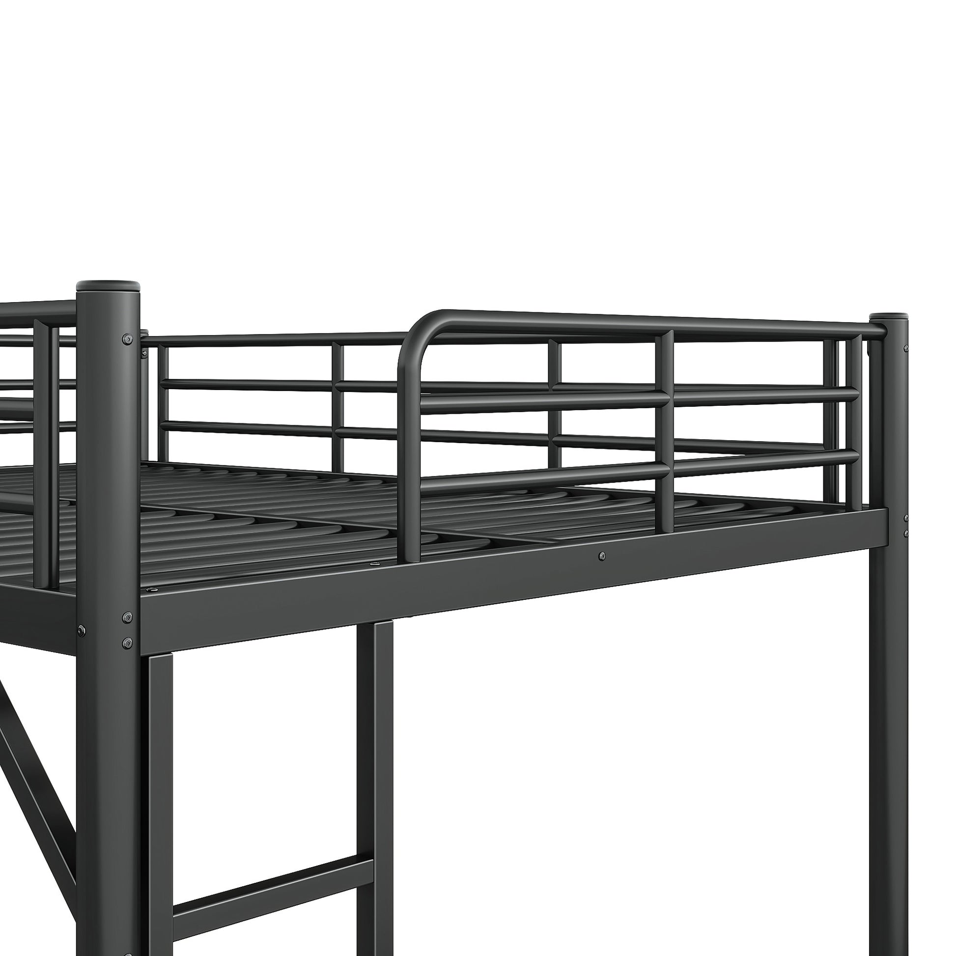 variant-group:rf-w1580p455017|Roomfitters Queen Size Metal Loft Bed Frame with Guardrails, Heavy Duty Space Saving High Loft Bed Dual Ladders, Black