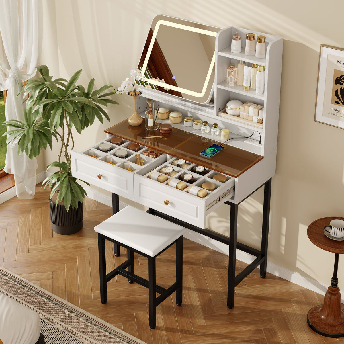 Roomfitters Makeup Vanity with LED Lighted Mirror, Glass Top, Charging Station and Storage Hutch, Vanity Table Set, Black+White Roomfitters