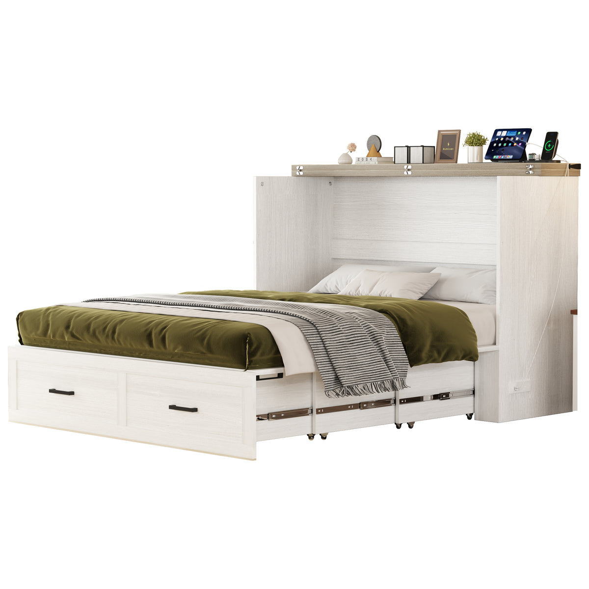 variant-group:rf-n733s237837w|Roomfitters Queen Size Farmhouse Murphy Cabinet Bed with Charging Station, Foldable Platform Bed with Large Storage for Guest Room, Small Bedroom, White