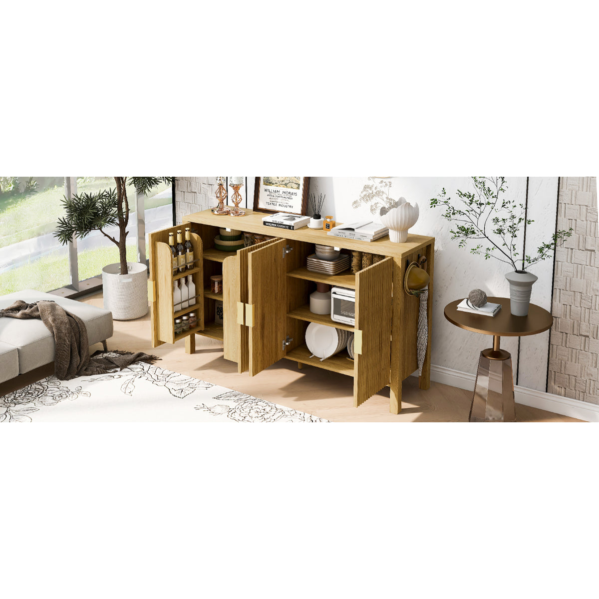 variant-group:rf-n711p345170o|Roomfitters 57.5" Sideboard Buffet Cabinet with 3 Door Mid-century Modern Fluted Storage for Kitchen & Dining Room, Natural