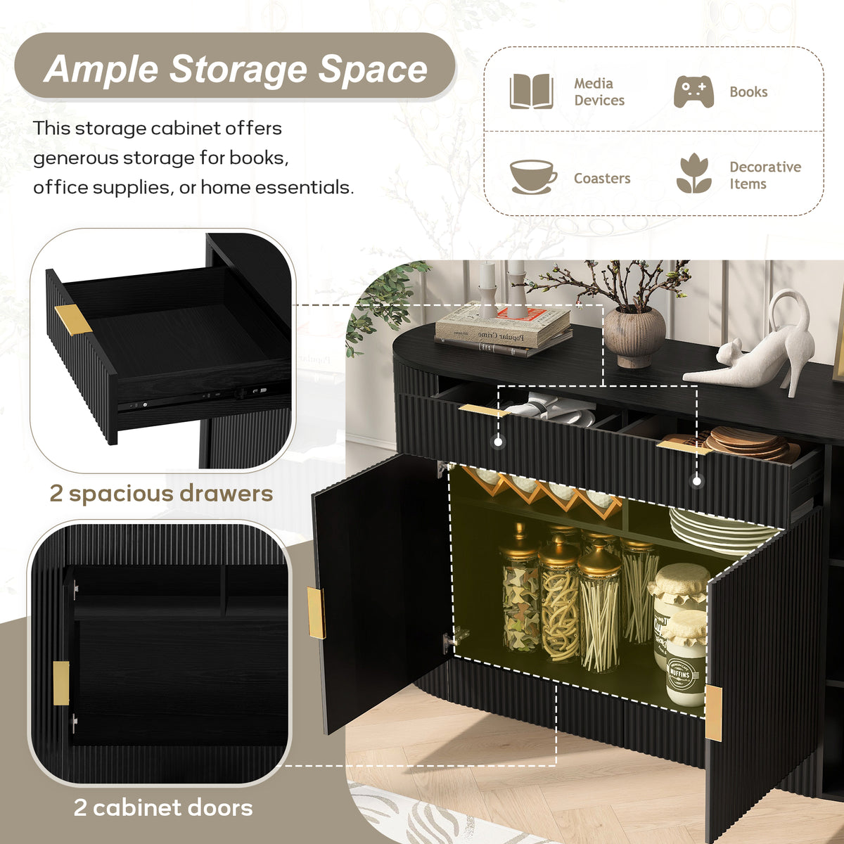 variant-group:rf-n711p345168b|Roomfitters 55.1" Oval Sideboard Buffet Cabinet with 2 Drawers & Wine Rack, Mid-century Modern Fluted Accent for Dining, Black