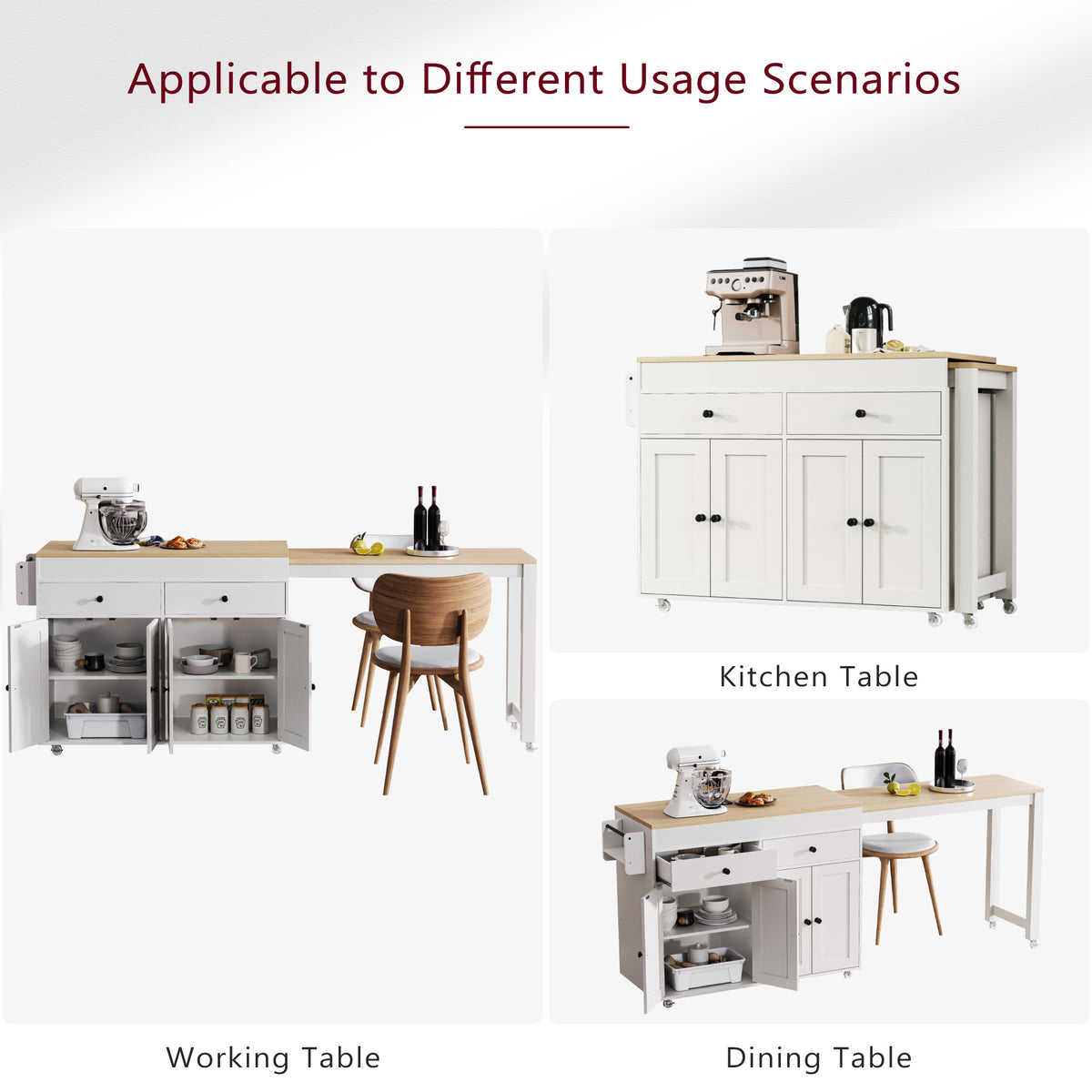 variant-group:rf-n707p333291w|Roomfitters 74.8" Rolling Kitchen Island with Extendable Dining Table, Mobile Cart with 4 Doors, 2 Drawers & Spice Rack, White