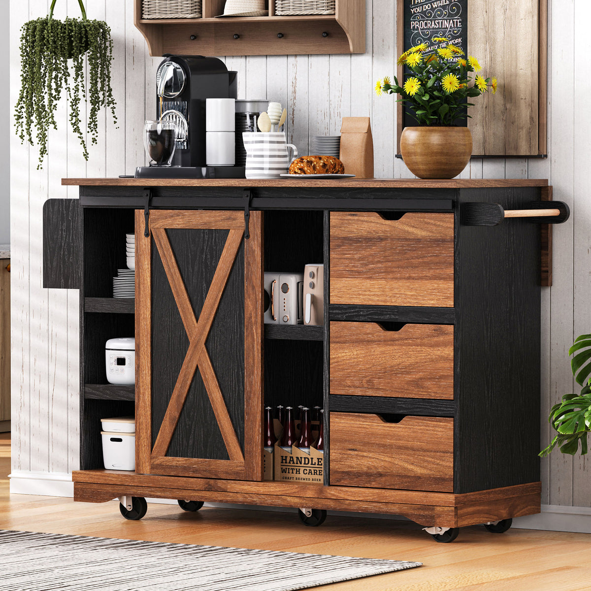 variant-group:rf-n707p288229b|Roomfitters 55.5" Rolling Kitchen Island with Drop Leaf, Mobile Kitchen Storage Cart with Sliding Barn Door, Power Outlets, Black