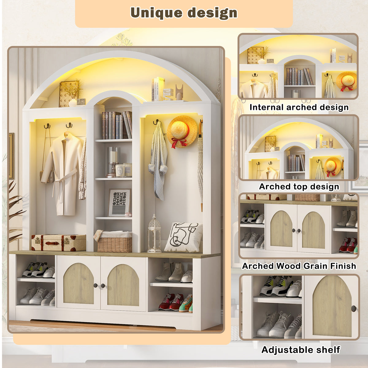 variant-group:rf-n724sj000158aak|Roomfitters Multi-Functional Curved Entrance Wardrobe, Hall Tree, White & Walnut