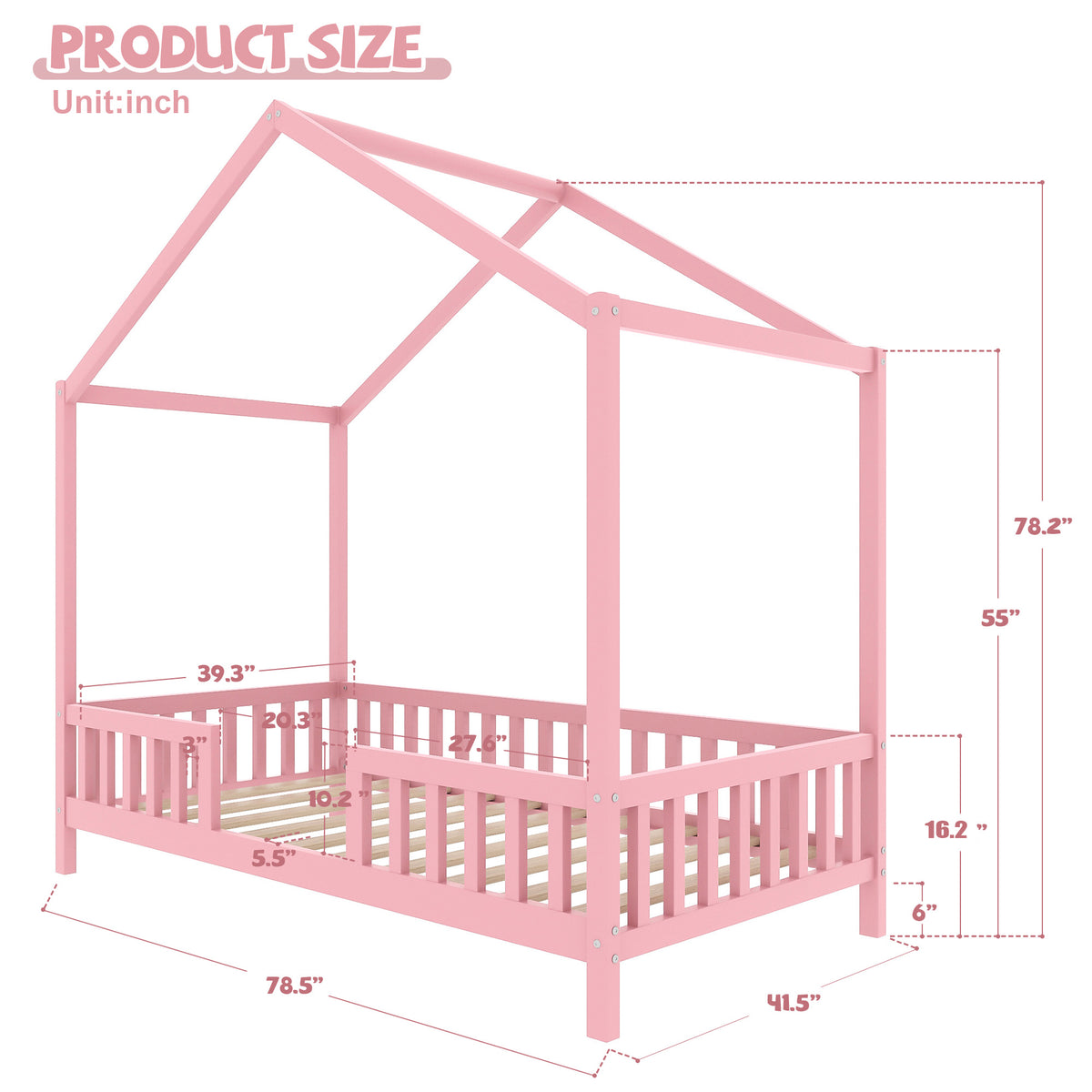 variant-group:rf-n733p356043h|Roomfitters Twin Montessori Floor Bed with Canopy, House Shape Wood Frame with Safety Rails, Youth Platform Bed, Pink