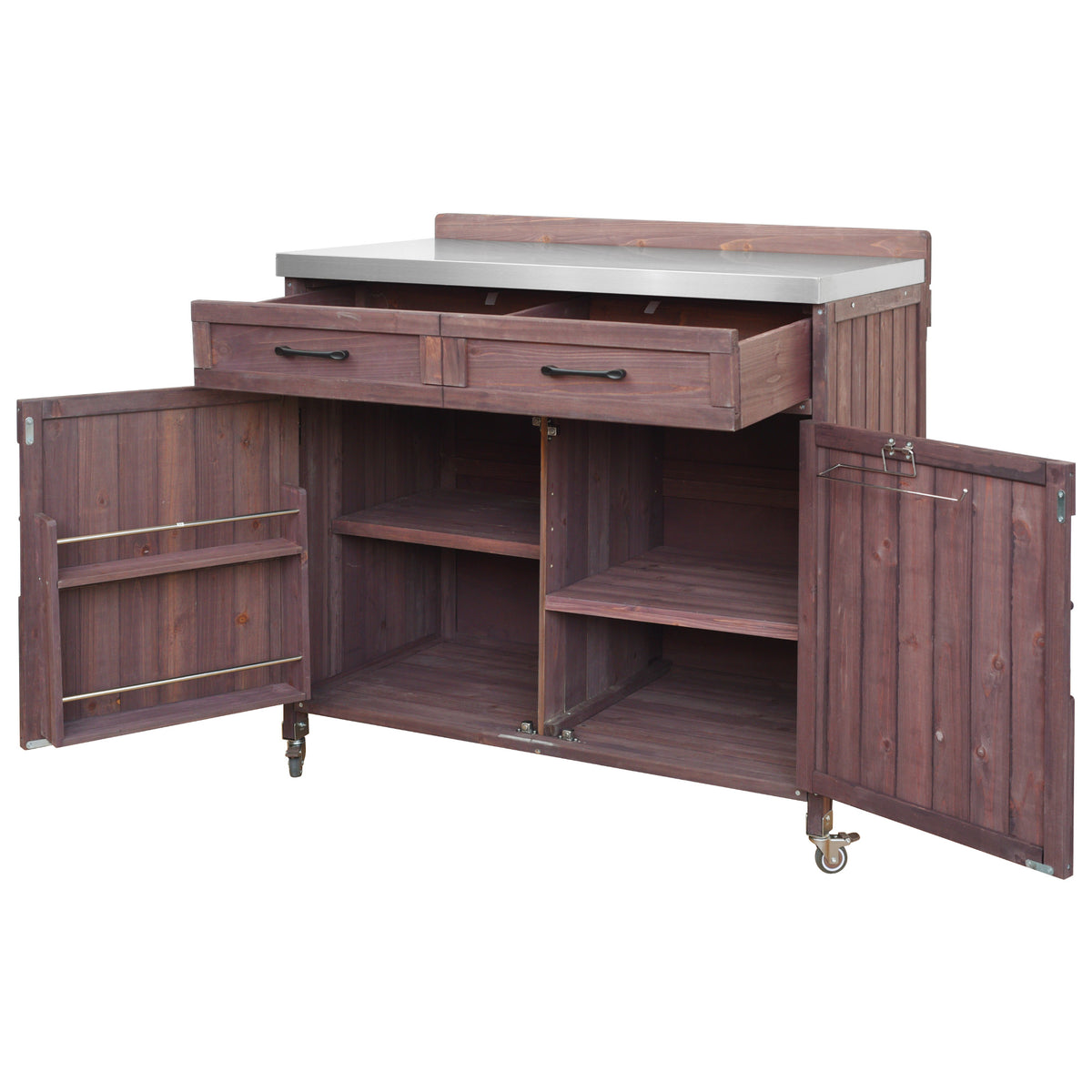 variant-group:rf-n707p370273z|Roomfitters 39.4" Grill Cart, Outdoor Kitchen Island with Stainless Steel Top, BBQ Prep Station with Storage Cabinet, Brown
