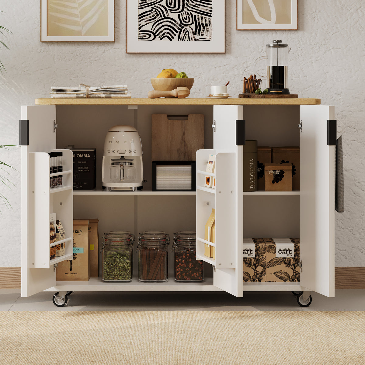 variant-group:rf-n707p221446w|Roomfitters 51" Fluted Kitchen Island with Drop Leaf, Rolling Cart with Storage Rack, Farmhouse Style, Towel Rack, White