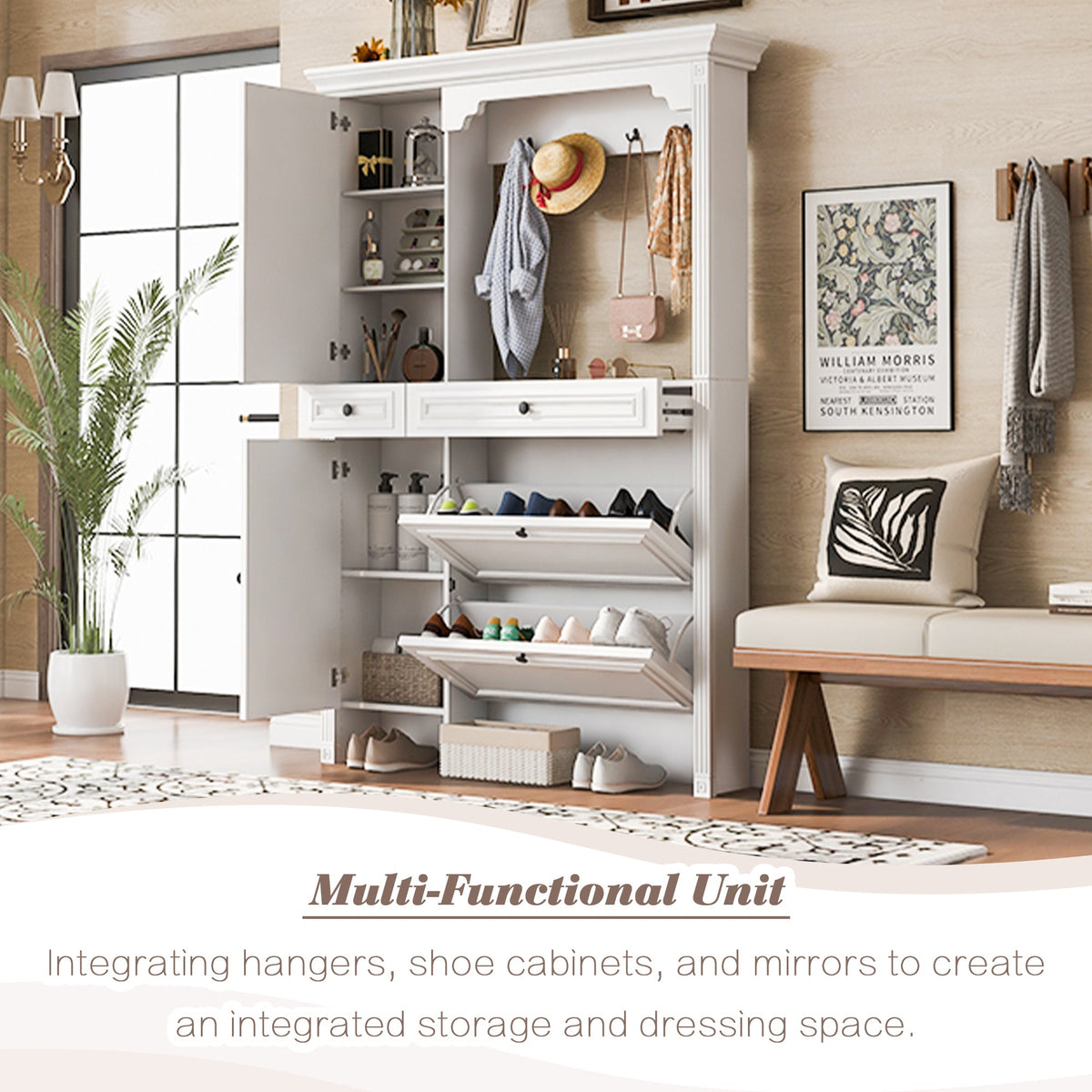 Roomfitters Hall Tree with Shoe Cabinet and Mirrored Door, 4 Hooks and Bench Storage Organizer, White Roomfitters