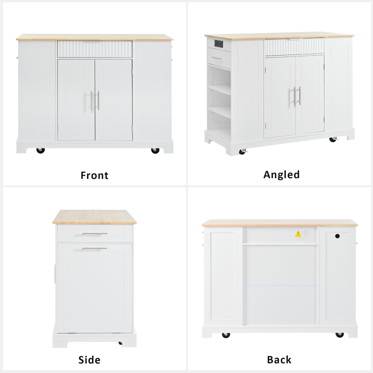 variant-group:rf-n707p221571w|Roomfitters Fluted Kitchen Island with Trash Can Cabinet, Power Outlet, Storage Rack, Rolling Cart with Open Side Racks, White