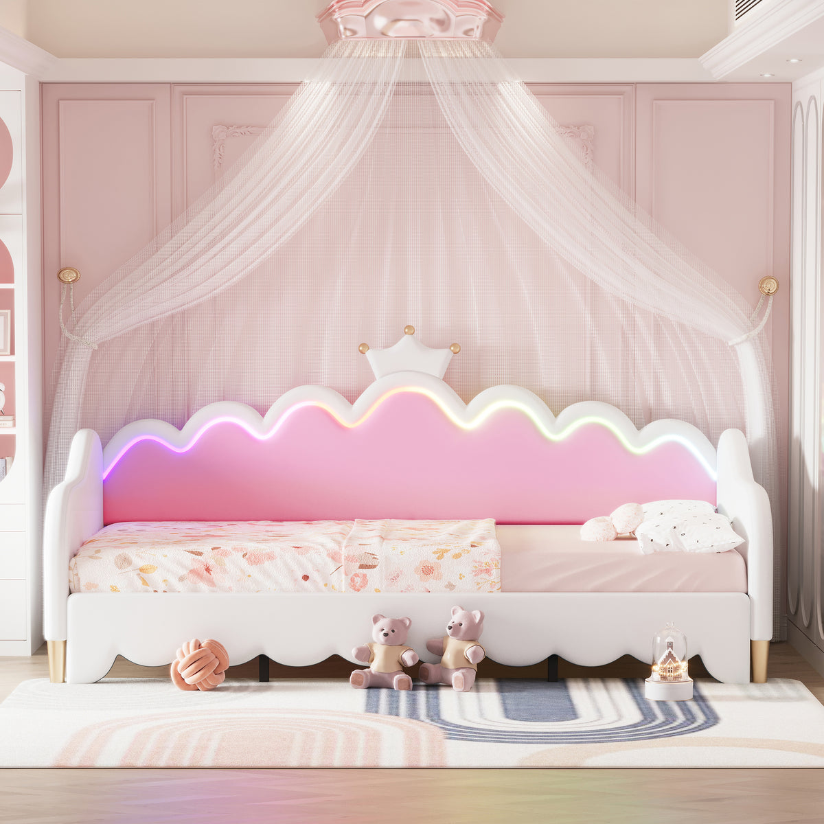 variant-group:rf-n733hl000104aak|Roomfitters Twin Extending Daybed with Lights, Modern Upholstered Princess Daybed with Crown Headboard, Sophisticated and Functional Design, White