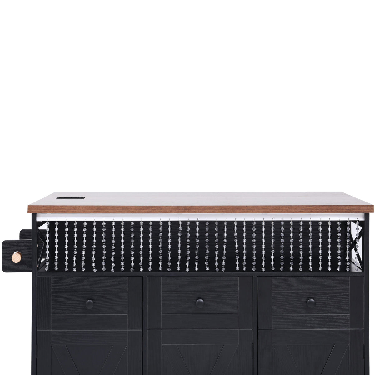 variant-group:rf-n707p254872b|Roomfitters 46.5" Rolling Kitchen Island with Drop Leaf, Mobile Cart with 2 AC Outlets & USB, Beaded Drape & 3 Drawers, Black