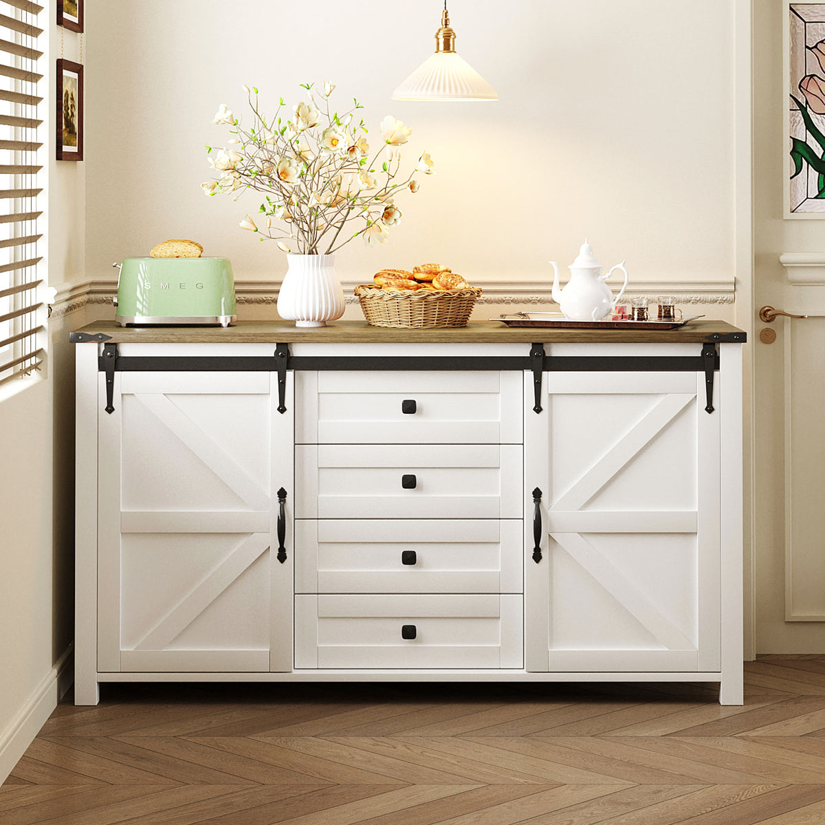 variant-group:rf-n711p347377k|Roomfitters 55.1" Storage Cabinet with 4 Drawers and Sliding Barn Doors, Farmhouse Sideboard Buffet for Kitchen & Dining, White