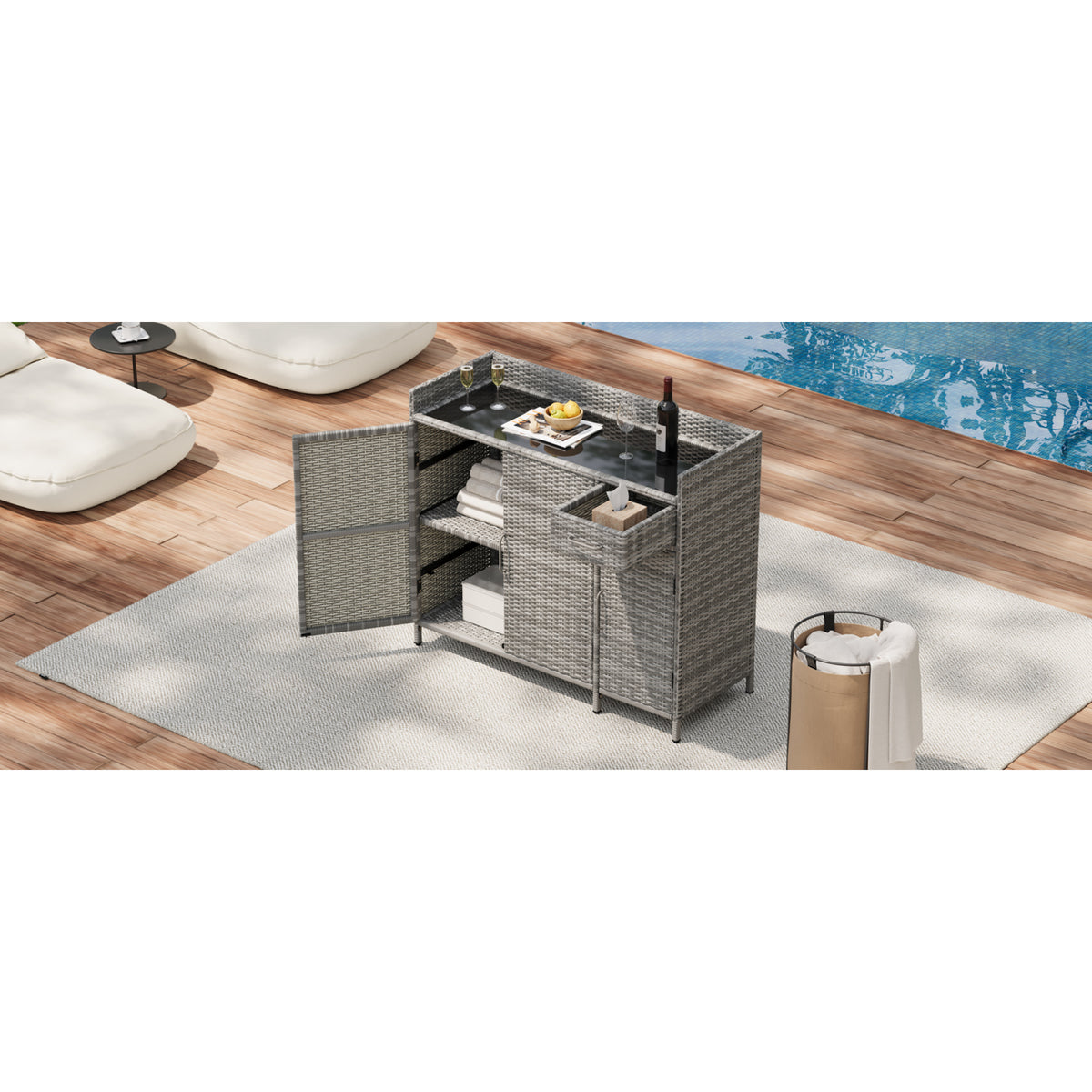 variant-group:rf-n707p233745g|Roomfitters 47.5" Wicker Outdoor Storage Cabinet, Rattan Bar Table with Glass Top, Adjustable Shelf, 3 Doors, Grey