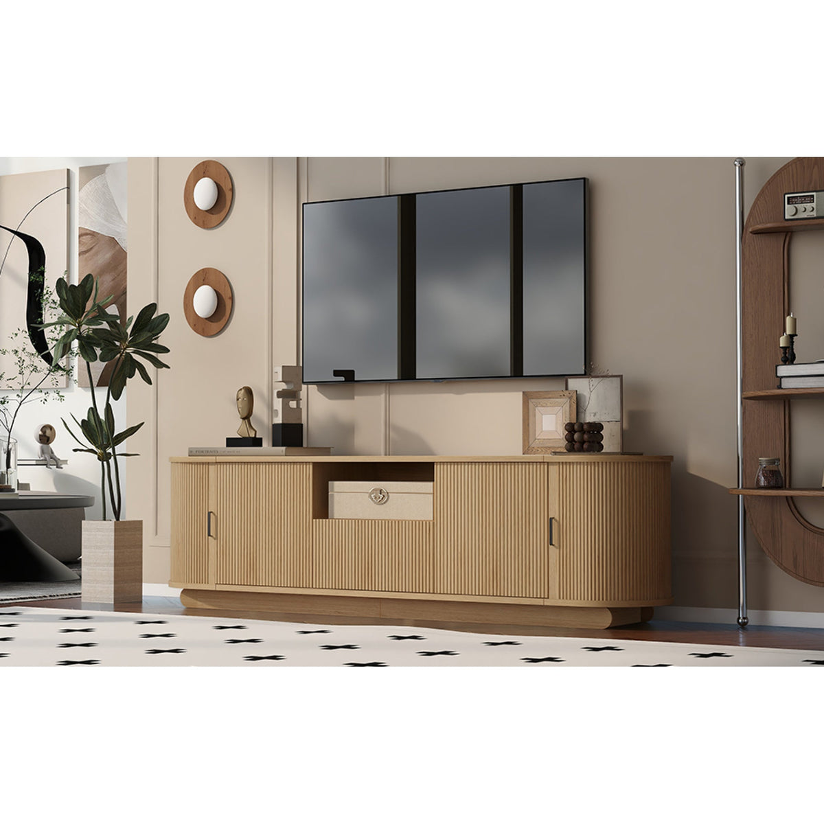 Roomfitters American Style TV Stand Console with Hidden Sliding Doors, Acacia Wood Roomfitters