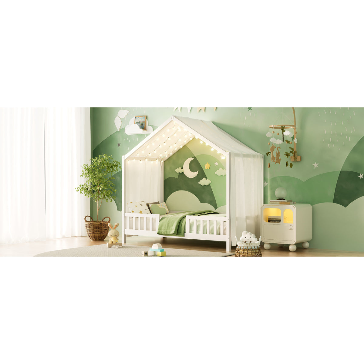 variant-group:rf-n733p356043k|Roomfitters Twin Montessori Floor Bed with Canopy, House Shape Wood Frame with Safety Rails, Youth Platform Bed, White
