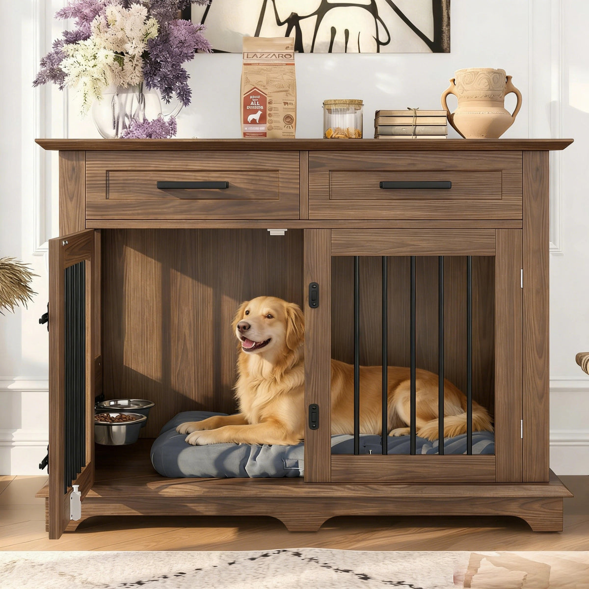 variant-group:rf-n704p379112d|Roomfitters 44-Inch Decorative Dog Crate Furniture Indoor Wooden Kennel End Table with 360 Rotating Bowls Brown