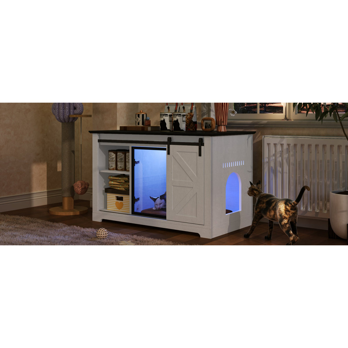 Roomfitters 46-Inch Farmhouse Cat Litter Box Enclosure Hidden Cabinet Nightstand with Sliding Barn Door White Roomfitters