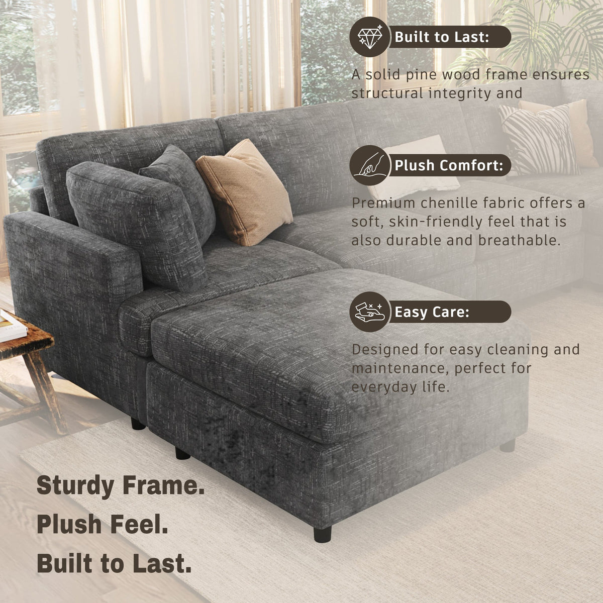 Roomfitters 127" U-Shaped Sectional Sofa, Modern Modular L-Shaped Couch with Movable Ottoman for Living Room, Grey Roomfitters