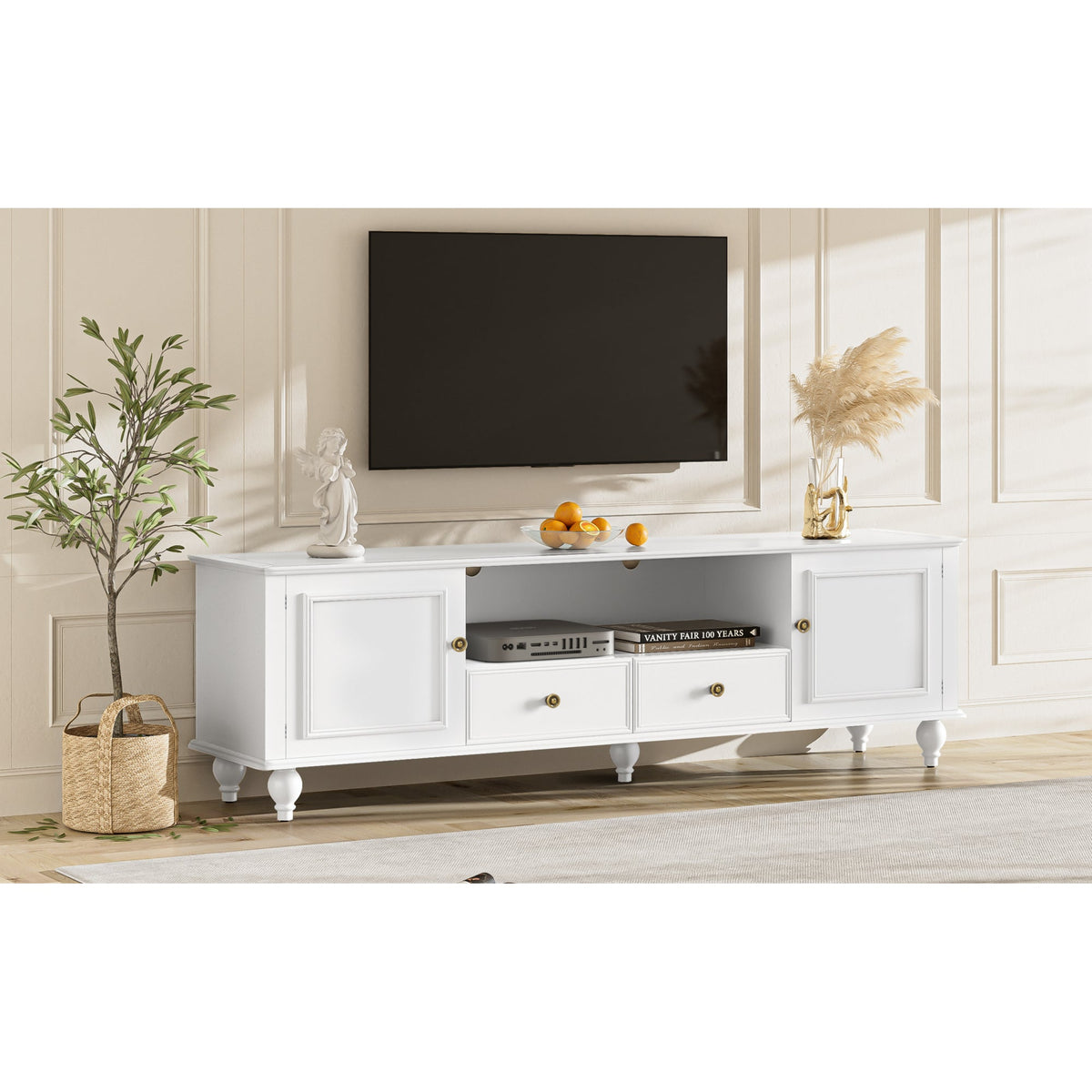Roomfitters Modern TV Stand for up to 80 Inch TV, Entertainment Console with Drawers, Cabinets and Open Storage, White Roomfitters
