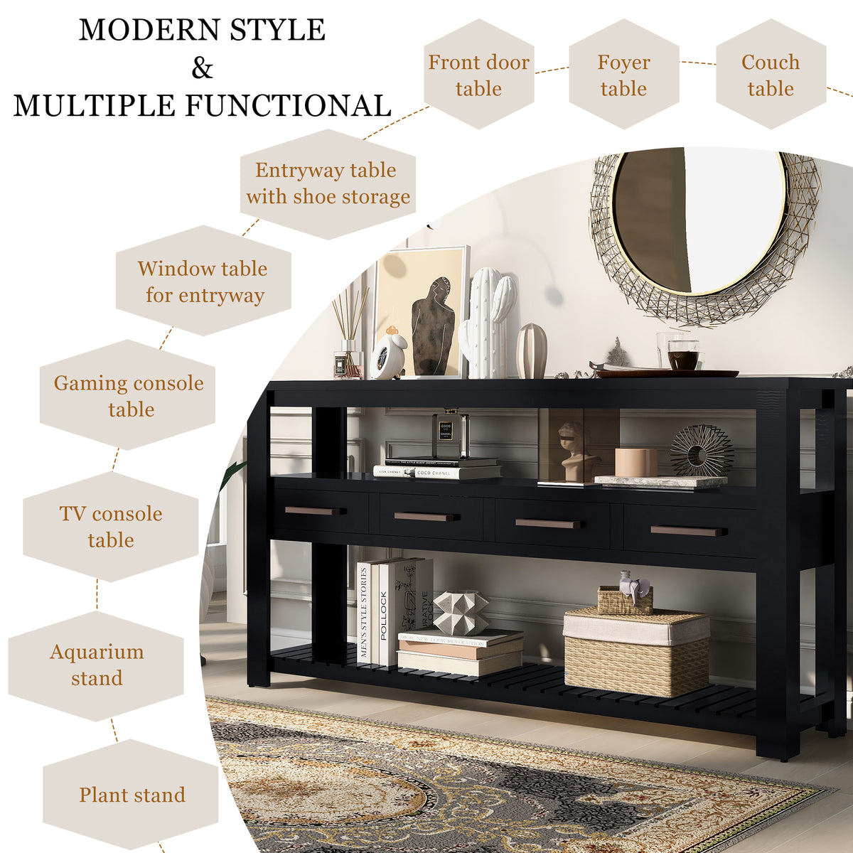 variant-group:rf-n711p410406b|Roomfitters 61.5" Entryway Table with 4 Drawers, 3-Tier Console Sofa Table with Open Shelves for Hallway, Black