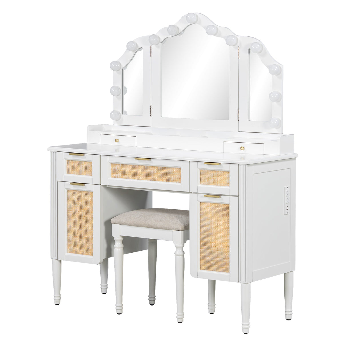 Roomfitters 44.37" Makeup Vanity with Lighted Tri-fold Mirror, French Vintage Rattan Dressing Table, Drawers and Stool, White Roomfitters