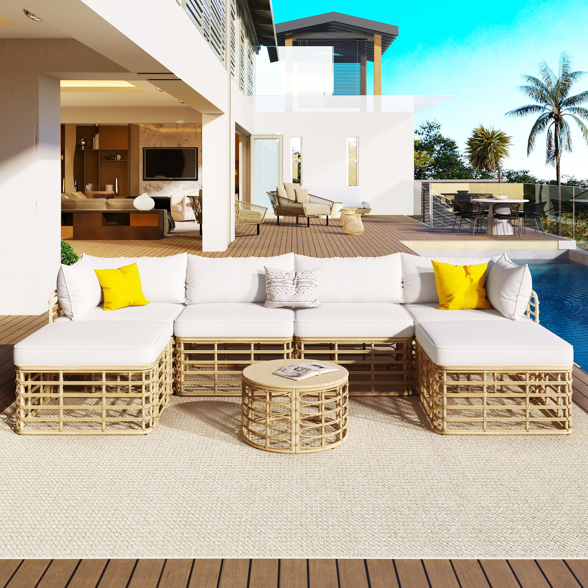 Roomfitters 7 Pieces Outdoor Patio Furniture, All-Weather Rattan Sectional Sofa Set with Thick Cushions and Pillows, Freely Combined Conversation Sets for Garden, Backyard, Balcony, Beige Roomfitters