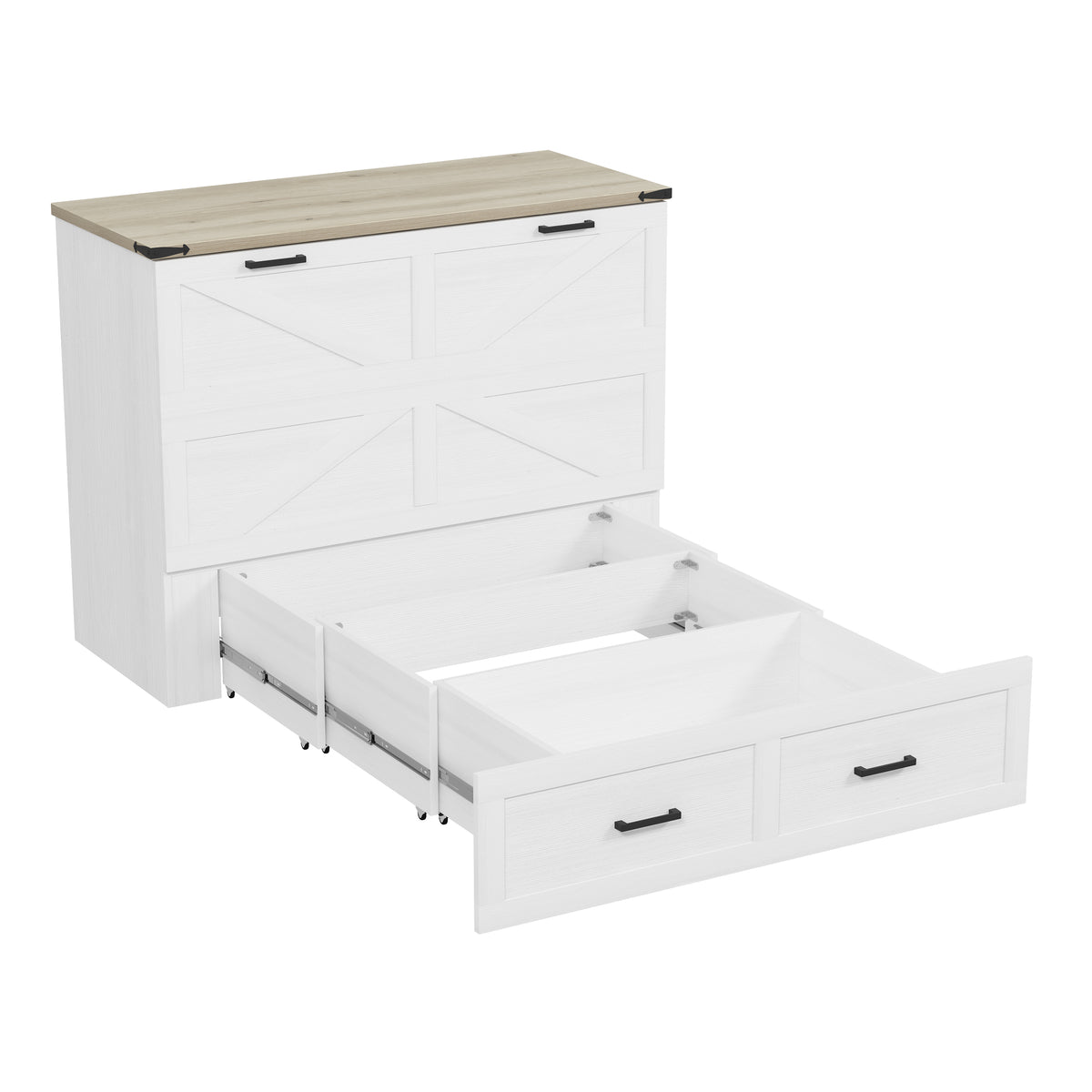 variant-group:rf-n733s237853w|Roomfitters Full Size Farmhouse Murphy Cabinet Bed with Charging Station, Foldable Platform Bed with Large Storage for Guest Room, Small Bedroom, White